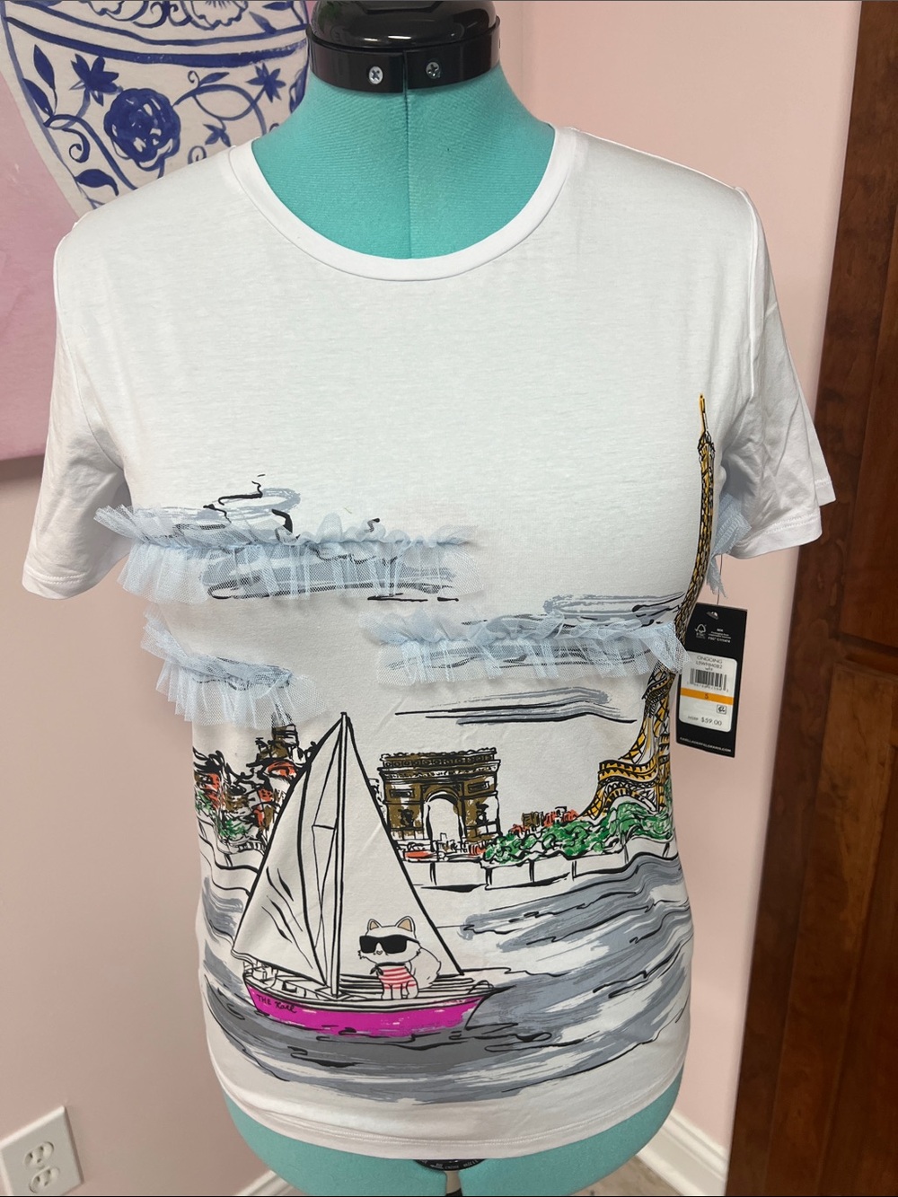 Karl Lagerfeld White Paris Sailboat Tee with Pink and Gold Accents